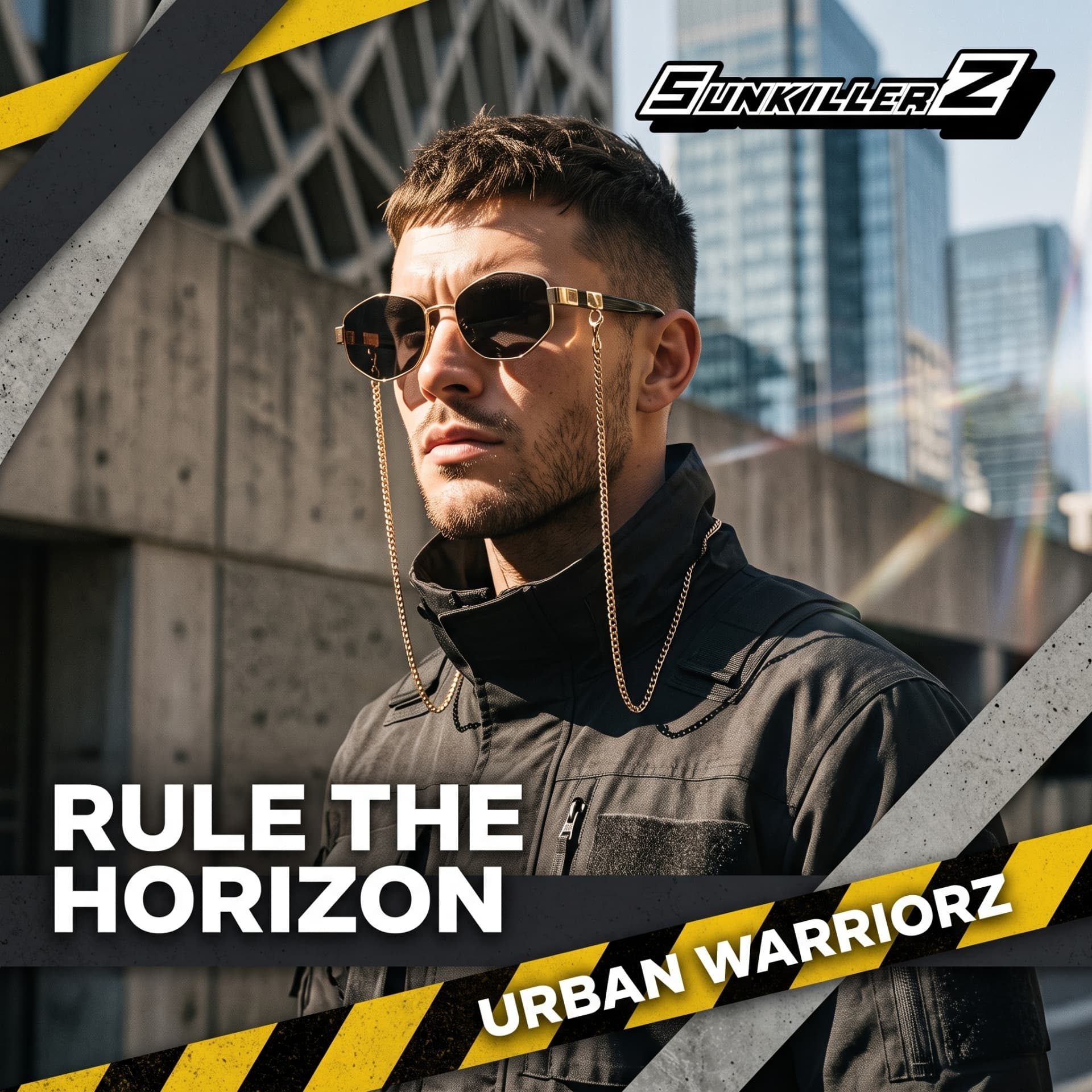 Man in black sunglasses walking beneath brutalist concrete architecture